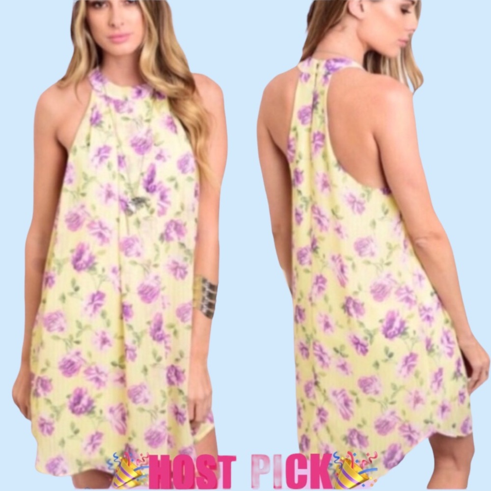 ❌DONATED❌Yellow Purple Floral High Neck Flowy Lined Dress - Picture 1 of 16